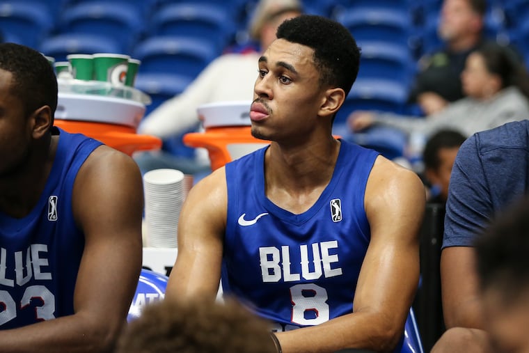 The Delaware Blue Coats' Zhaire Smith watching from the bench as his team played the Greensboro Swarm on Nov. 11, 2019.
