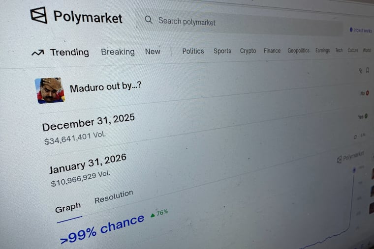 FILE - The Polymarket prediction market website is displayed on a computer screen, Jan. 11, 2026, in New York.