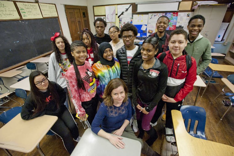 Parkway Center City Middle College in Philadelphia 9th grade English teacher Maureen Boland is surrounded by students who participated in the March 14th walkout against gun violence in schools, and who are starting to make plans for the national event March For Our Lives in Washington, DC on March 24th. March 16, 2018.