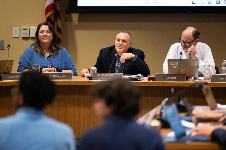 Frank Ranelli (center), superintendent of the Lower Merion School District, speaks at an April 20 school board meeting at the district administration building.