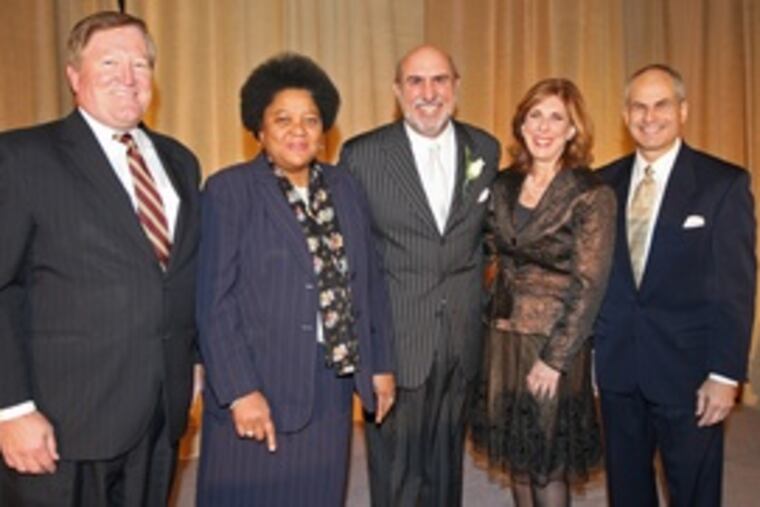 At the Anti-Defamation League's annual benefit dinner: (from left) Bill Mills, the event's general chairman; Charisse Lillie, mistress of ceremonies; honoree Joe Frick, of Independence Blue Cross; Roberta Liebenberg, ADL board chair; Barry Morrison, ADL regional director.