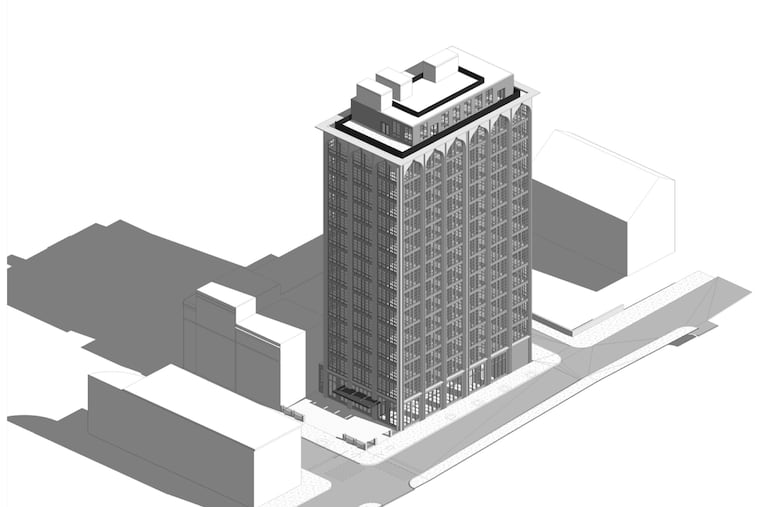 Artist's rendering of hotel proposed at 232-36 Walnut St., seen from aerial view.