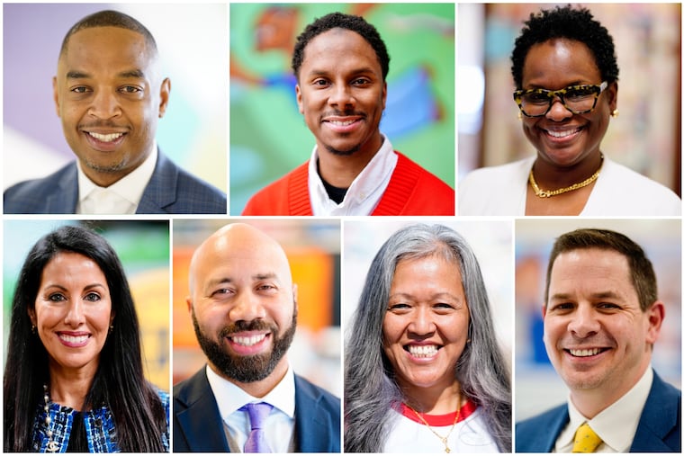 Left to right, top to bottom: Torrence Rothmiller, principal of Andrew Hamilton Elementary; Bahir Hayes, principal of Bryant Elementary; Khadijah Bright, principal of Crossan Elementary; Corinne Scioli, principal of J.S. Jenks Academy of Arts and Sciences; Khary Moody, principal of Ludlow Elementary; Kimlime Chek, principal of South Philadelphia High; and Richard Mitchell, principal of Bodine High. All are winners of 2024 Lindback Awards for Principal Leadership.