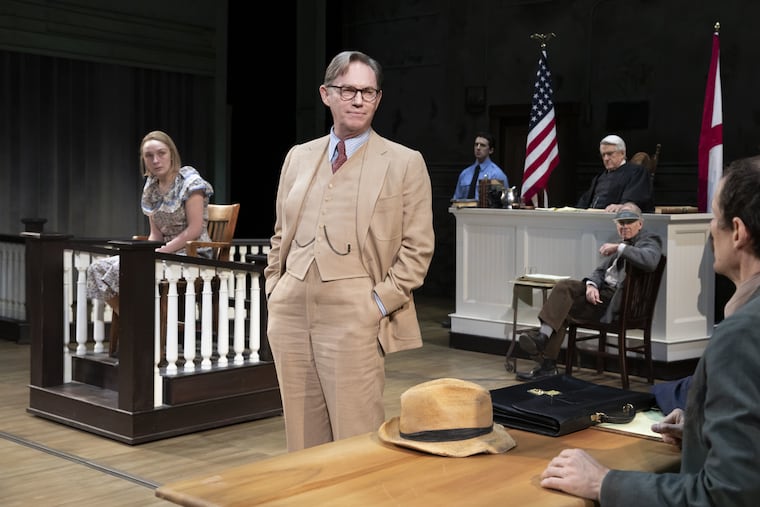 Arianna Gayle Stucki (Mayella Ewell), Richard Thomas (Atticus Finch), Stephen Elrod (Bailiff), Richard Poe (Judge Taylor), Greg Wood (Mr. Roscoe), and Joey Collins (Bob Ewell) in "To Kill a Mockingbird," coming to the Kimmel Cultural Campus' Academy of Music.