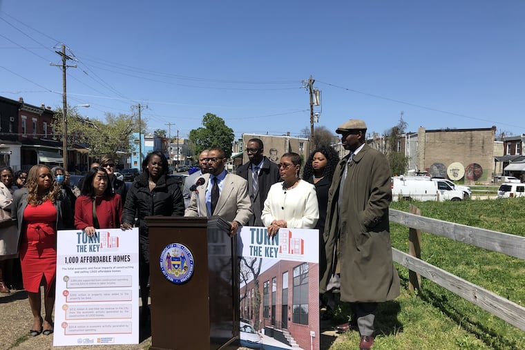 City Councilmember Curtis Jones Jr. speaks as other Council members look on at the announcement Thursday in West Philadelphia of the city's Turn the Key program, which will result in 1,000 new affordable homes across the city.