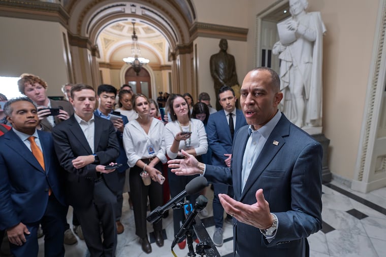 House Minority Leader Hakeem Jeffries (D., N.Y.) speaks with reporters before he and the top congressional leaders go to the White House to meet with President Donald Trump on the looming government funding crisis on Monday.