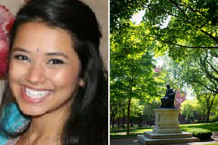 The family of Arya Singh (left) has filed a lawsuit against Amazon and the University of Pennsylvania, whose campus is shown at right.