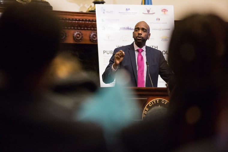 Larry Jones, CEO of Richard Allen Preparatory Charter School, speaks in support of charter schools to city council members and pro-charter school advocates in January. Charter school administrators, parents, students, and council members convened to discuss the need for equal representation on the board of the Philadelphia School District, as well as public support from elected officials.