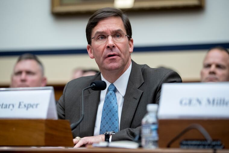 FILE - In this April 2, 2019, file photo, Secretary of the Army Mark Esper speaks during a House Armed Services Committee budget hearing on Capitol Hill in Washington.