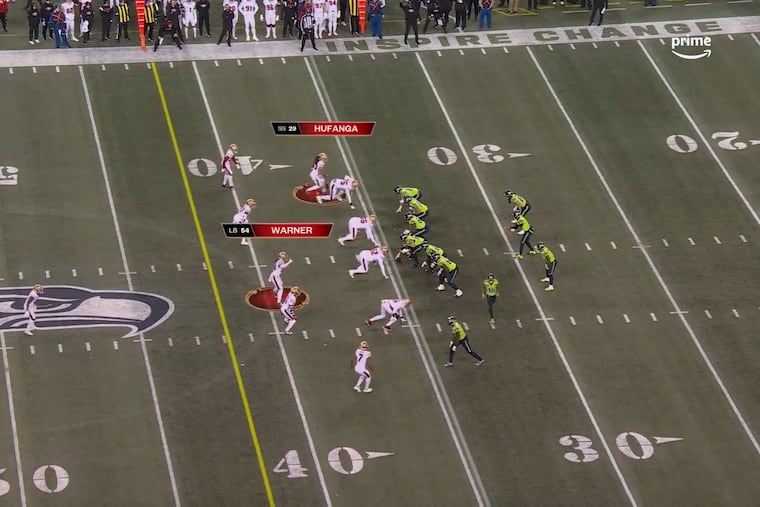 This photo provided by Prime Video shows a play during a game between the 49ers and Seahawks in 2022. The photo highlights San Francisco linebacker Fred Warner and safety Talanoa Hufanga as players who might rush Seattle quarterback Geno Smith.