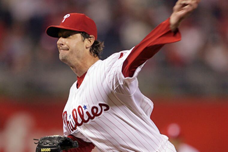 Phillies' pitcher Jamie Moyer threw a two-hit shutout against the Braves. (Yong Kim / Staff Photographer)