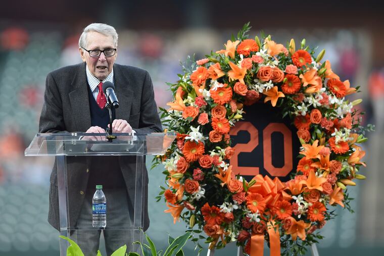 Former Baltimore Oriole Brooks Robinson speaks during a ceremony in memory of Frank Robinson on April 6, 2019, in Baltimore.