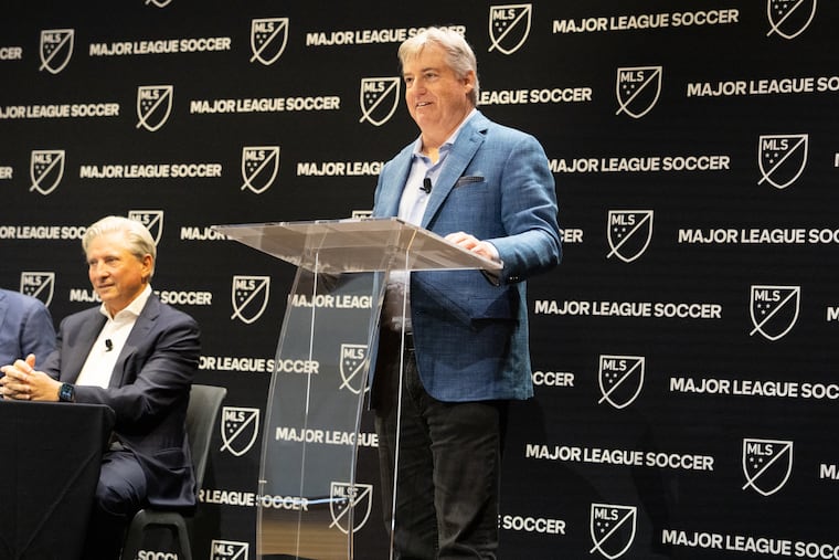 Larry Berg speaks after being introduced as the next commissioner of MLS at the league's headquarters on Tuesday.