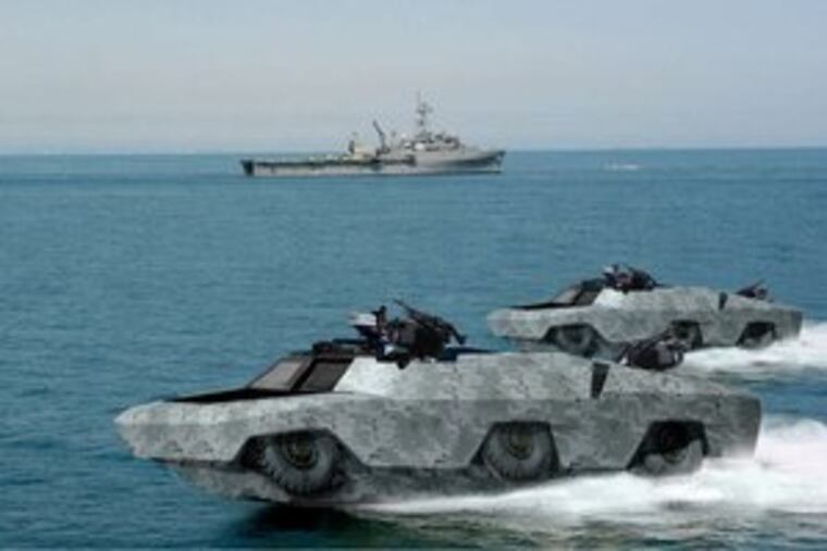 A concept photo shows how the proposed military amphibious vehicle might look. The project is a joint effort by Lockheed Martin's Moorestown unit and Gibbs Technologies.