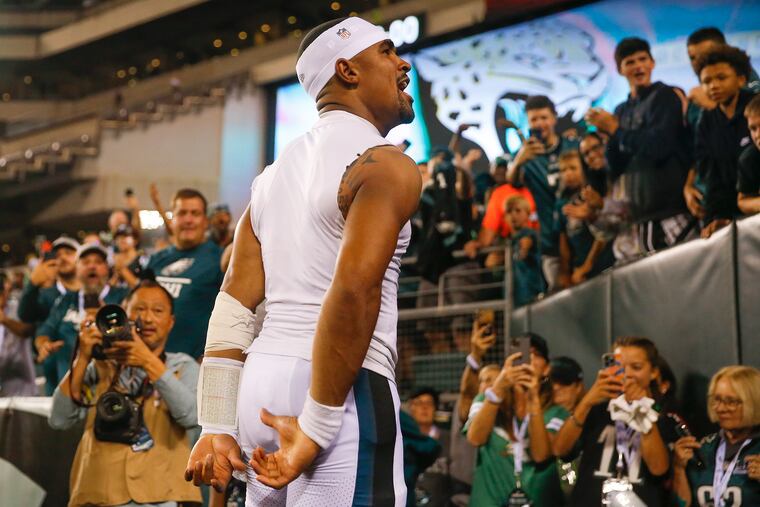 Philadelphia Eagles quarterback Jalen Hurts (1) celebrates with fans at the conclusion of a game against the Minnesota Vikings at Lincoln Financial Field in Philadelphia on Monday, Sept. 19, 2022. Eagles won, 24-7.