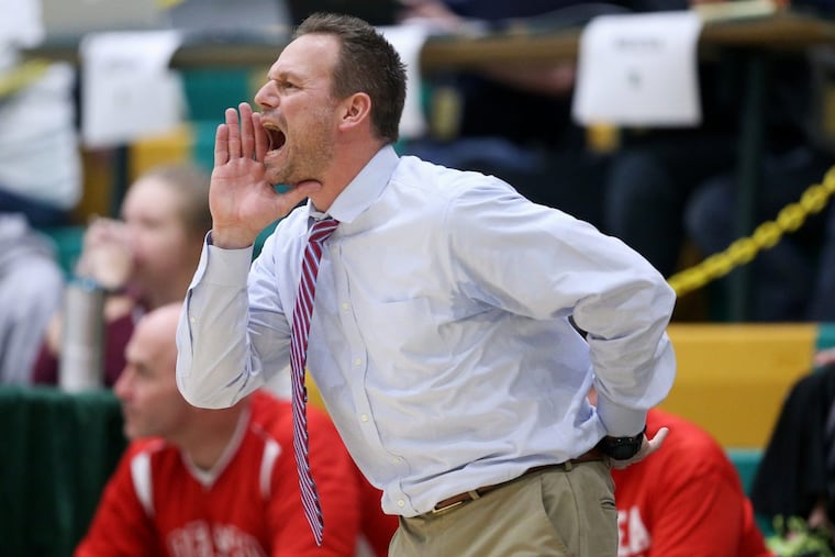 Delsea head coach Tom Freeman shouts from the sideline during the NJSIAA South Jersey Group 3 championship game against Seneca at Seneca High School in Tabernacle, N.J., on Tuesday, March 6, 2018. Delsea won 53-40.