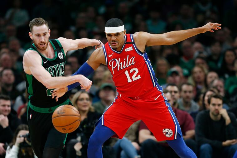 Sixers forward Tobias Harris, battling for the ball with Gordon Hayward, said his team is concerned about its spot in the conference standings.