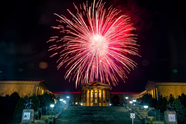 Fireworks over the Philadelphia Museum of Art during the Wawa Welcome America Festival on July 4, 2023 following a free concert featuring Demi Lovato and Ludacris on the Benjamin Franklin Parkway.