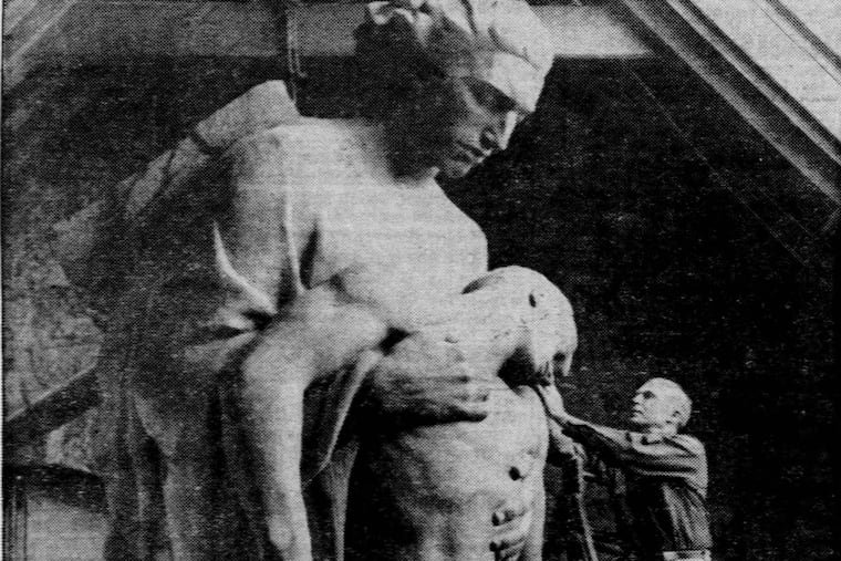 Walker K. Hancock at work on the Pennsylvania Railroad World War II memorial at 30th Street Station in the early 1950s.