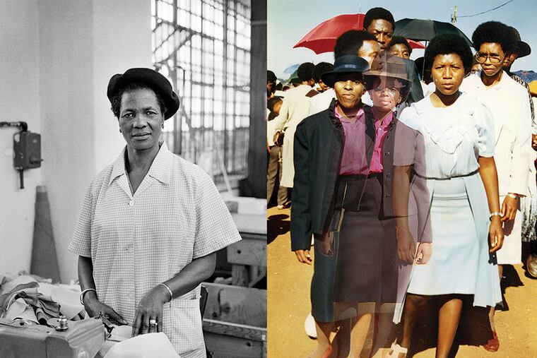 Sue Williamson (left), "Caroline Motsoaledi I," 1984, from "All Our Mothers," 1981–ongoing. Lebohang Kganye, (right), "Re shapa setepe sa lenyalo II" from "Ke Lefa Leka: Her-story," 2013.