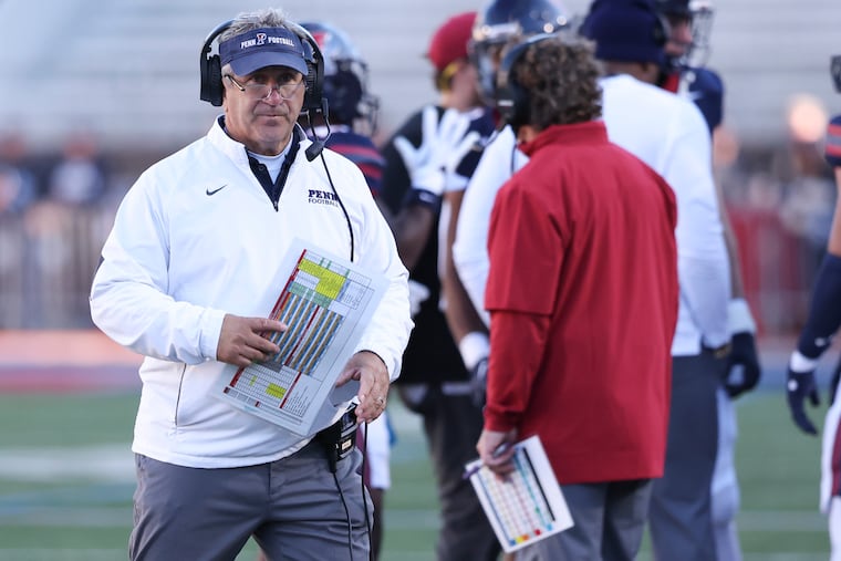 Penn head football coach Ray Priore, seen here from a game last season, opened up the Quakers' 2025 campaign with a win on the road against Stonehill on Saturday.