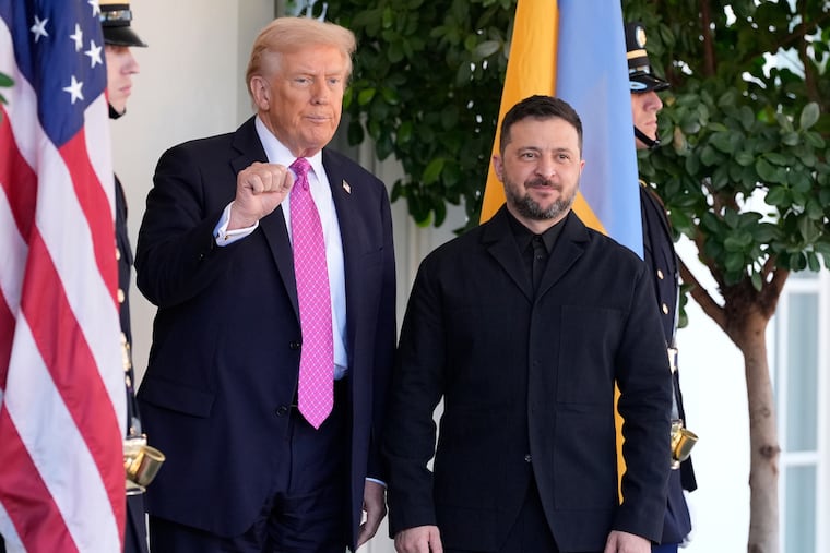 President Donald Trump greets Ukraine's President Volodymyr Zelenskyy at the White House on Friday, Oct. 17.