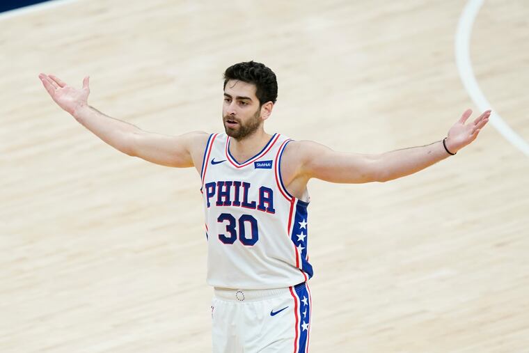 Furkan Korkmaz (30) reacting after hitting a basket during the fourth quarter against the Indiana Pacers on Sunday.