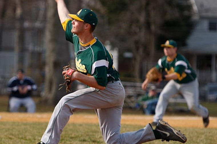 Audubon's starting pitcher Austin Tassi delivers a pitch against Bishop Eustace in the championship game of the 18th Annual Ralph Shaw Memorial Tournament at Audubon High School on Sunday, April 7, 2013. (Ron Cortes/ Staff Photographer)