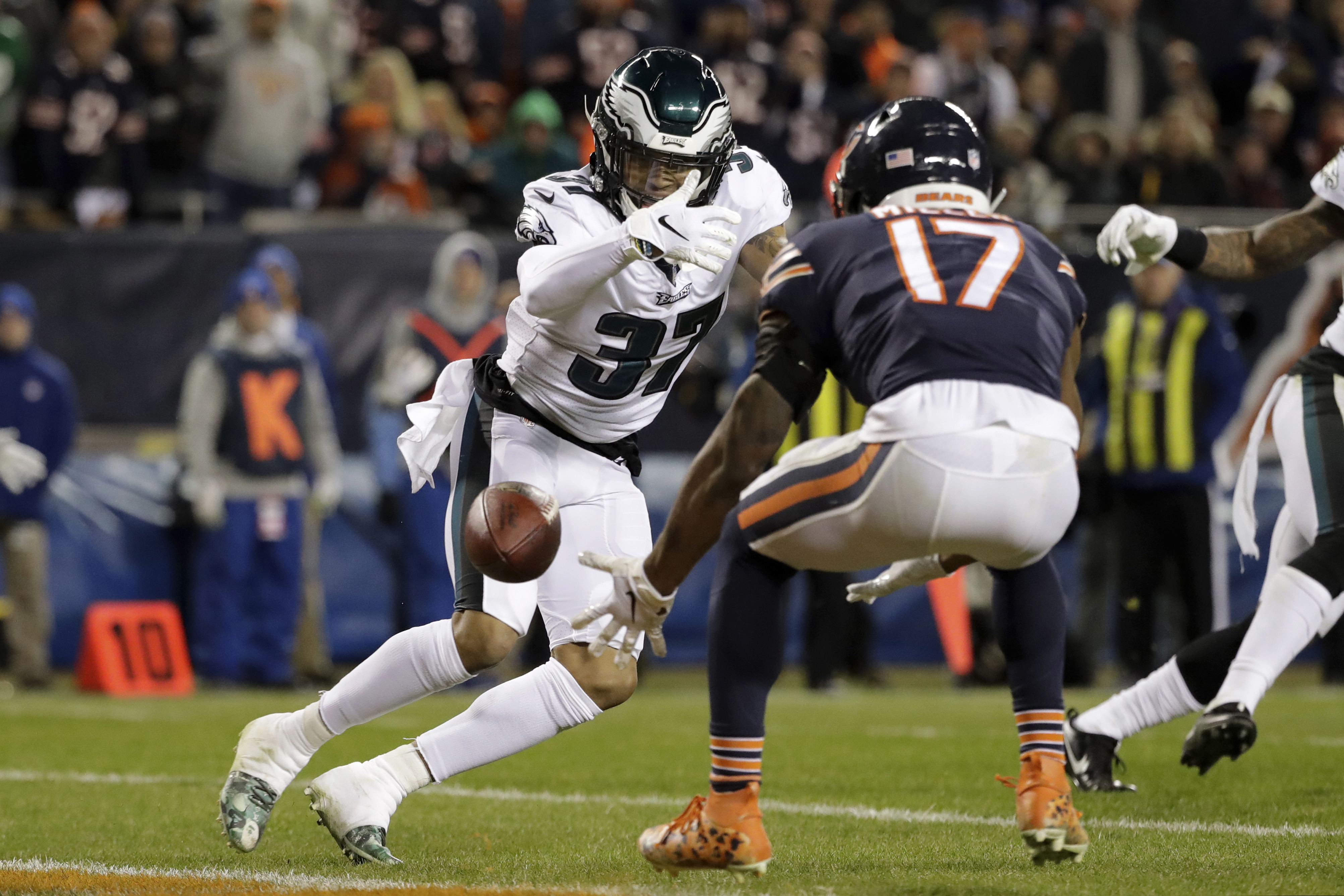 FILE - In this Jan. 6, 2019, file photo, Chicago Bears wide receiver Anthony Miller (17) misses a catch under pressure from Philadelphia Eagles defensive back Tre Sullivan (37) during the first half of an NFL wild-card playoff football game, in Chicago. When injuries ravaged the secondary, the Philadelphia Eagles turned to inexperienced guys and castoffs. The no-names are making themselves known.(AP Photo/Nam Y. Huh, File)