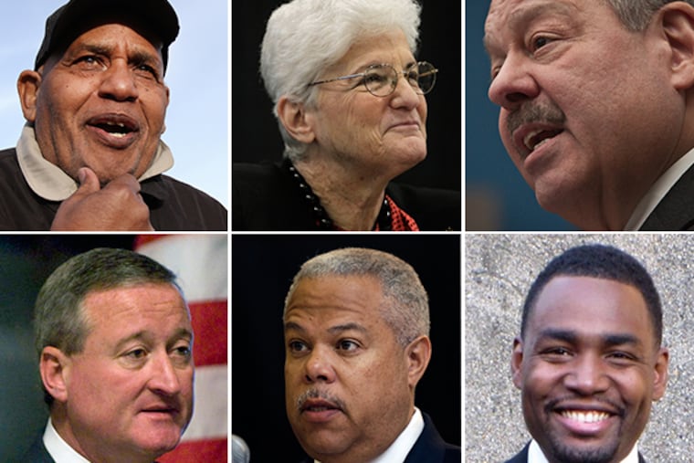 Philadelphia mayoral candidates (clockwise from top left) T. Milton Street, Lynne M. Abraham, Nelson Diaz, James Kenney, Anthony H. Williams, and Doug Oliver. (Staff photos)
