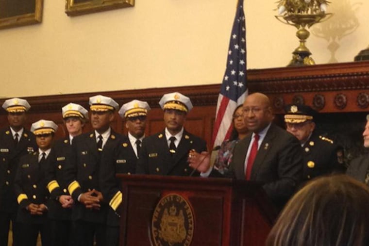 Mayor Michael Nutter joined by law enforcement officials talks about crime, public safety, fire safety, and the city's bond rating. (Julia Terruso/Staff)