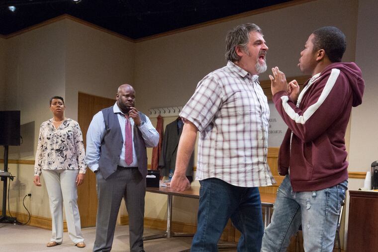 (Left to right:) Kala Moses Baxter, Kash Goins, Peter Bisgaier, and Travoye Joyner in "74 Seconds... To Judgment," through March 3 at the Arden Theatre Company.