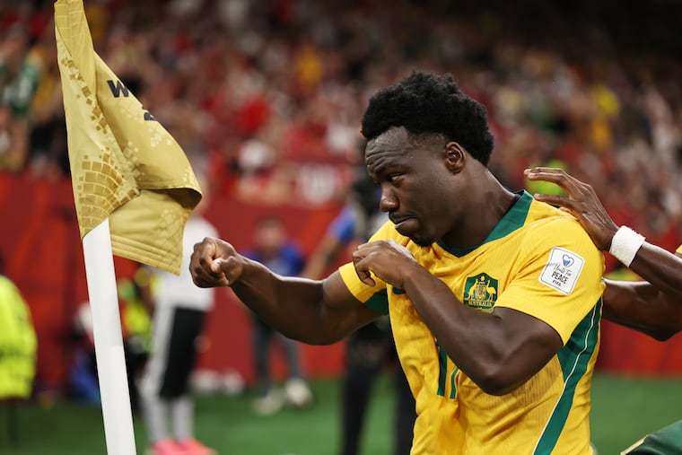 Nestory Irankunda celebrates scoring Australia's opening goal against Turkey.