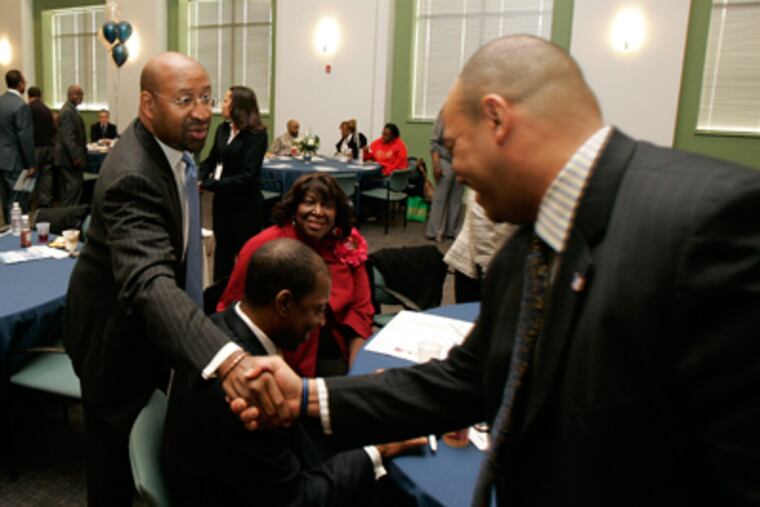 Mayor Nutter (left), District Attorney Seth Williams (right), other leaders, students and advocates gathered Tuesday to come up with ways to solve school violence. (David Swanson / Staff Photographer)