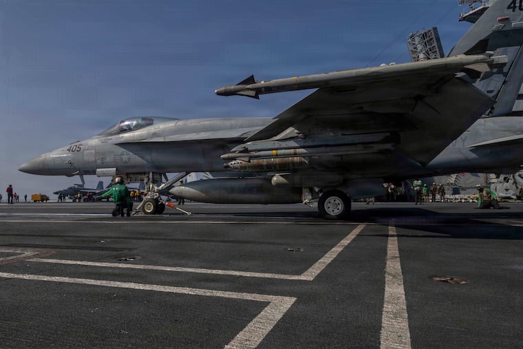 This image provided by U.S. Central Command shows a F/A-18E Super Hornet preparing to launch from the USS Abraham Lincoln in support of Operation Epic Fury on Monday.