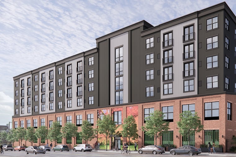 A rendering of the new apartment building atop the old warehouse planned by Dwight City Group for northwestern Kensington.