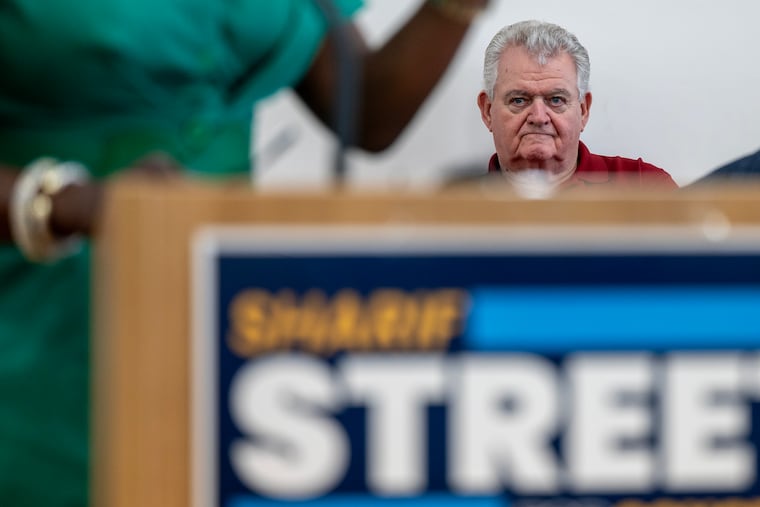 Philadelphia Democratic Party Chairman Bob Brady listens as Mayor Cherelle L. Parker speaks at a rally for 3rd Congressional District primary candidate State Sen. Sharif Street, May 18, 2026, the day before the election.