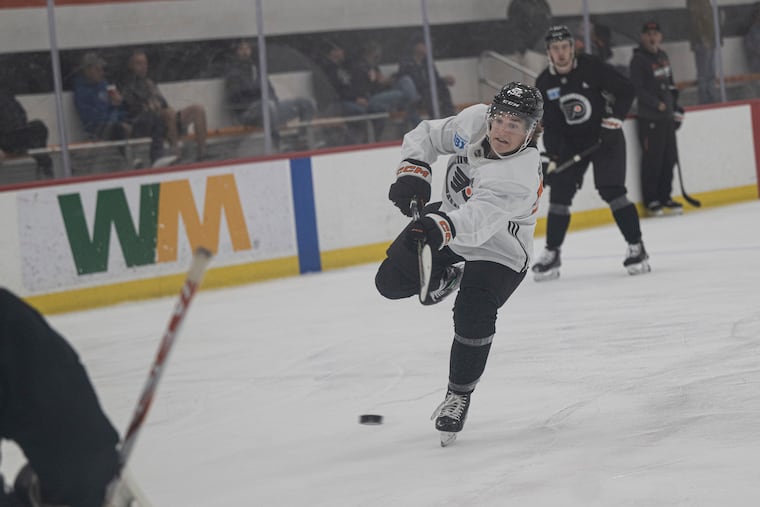 Denver Barkey shooting at practice during Flyers rookie camp in Voorhees.