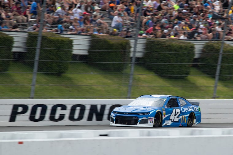 Kyle Larson driving down the front stretch during a NASCAR Cup Series auto race at Pocono Raceway on June 2, 2019.