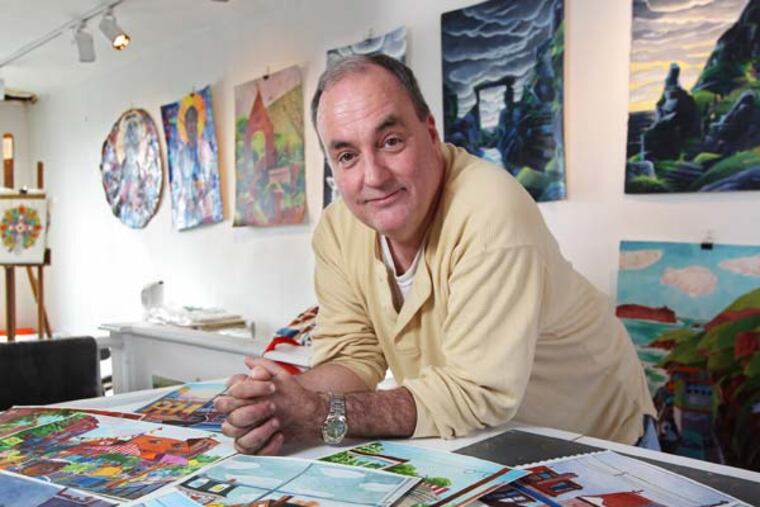 Michael O'Neill McGrath, a painter who lives in Camden will have some of his paintings of Camden, in the foreground, displayed at the Stedman gallery. Michael O'Neill McGrath, a painter, has a studio in Camden's Waterfront South neighborhood and canvases there will be hung at the Stedman Gallery at Rutgers next week. ( MICHAEL BRYANT / Staff Photographer )