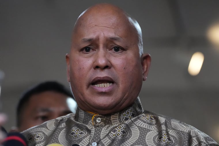 Philippine Senator Ronald dela Rosa speaks to reporters at the Philippine Senate in Pasay, Philippines, on Wednesday, May 13, 2026.