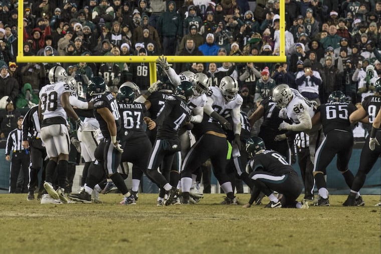 Eagles kicker Jake Elliott kicks the game-winning field goal in the fourth quarter of the Eagles 19-10 win over the Raiders. He made 2 of his 3 field-goal attempts.