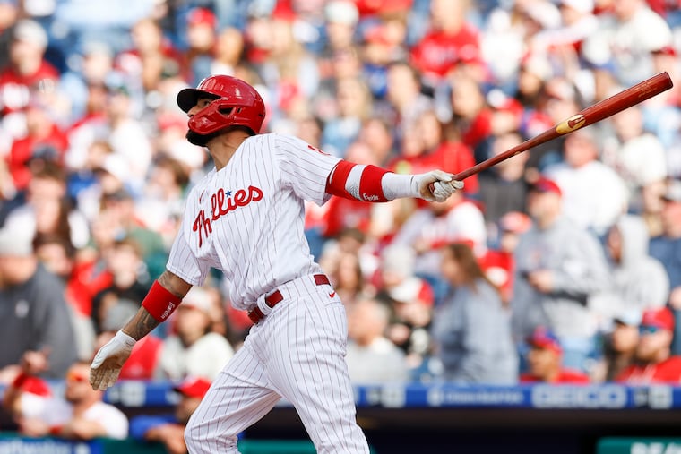 Phillies Nick Castellanos watches his first inning two-run home run against the Oakland Athletics on Saturday.