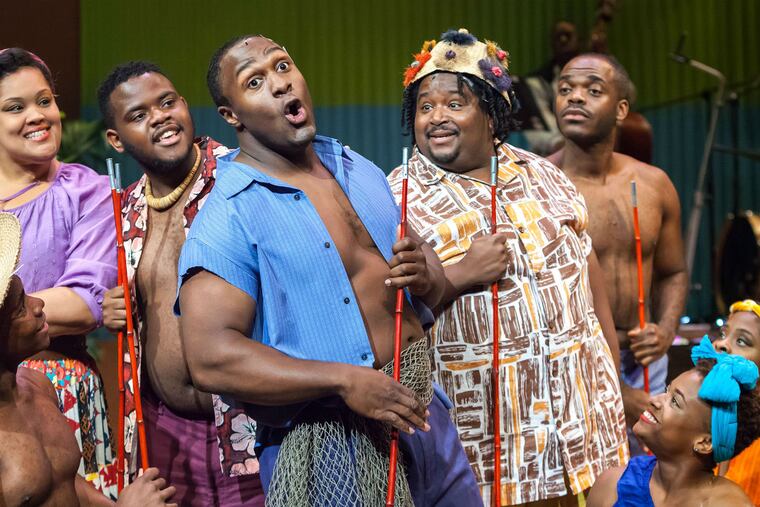 From "Jamaica" at Freedom Theatre. Left to right: Aaron Mitchell, Nicole Stacie, William Morrison, Shabazz Green, Reji Woods, Mikal Odom and Sanchel Brown. Photo: www.ethimofoto.net.