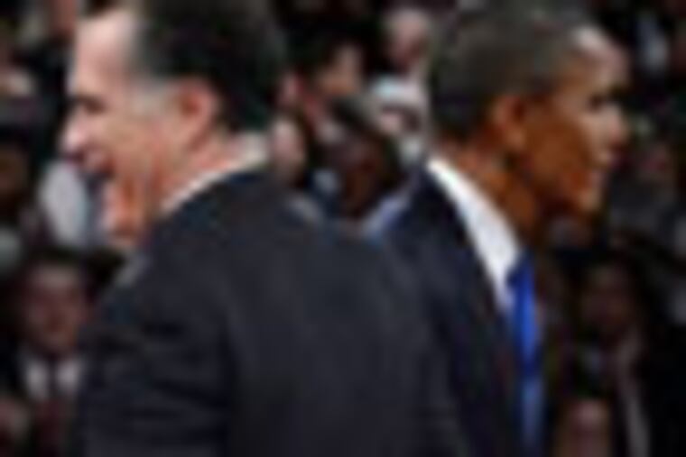 Republican presidential nominee Mitt Romney and President Barack Obama move after shaking hands at the conclusion of the third presidential debate at Lynn University, Monday, Oct. 22, 2012, in Boca Raton, Fla. (AP Photo/Pool-Michael Reynolds)
