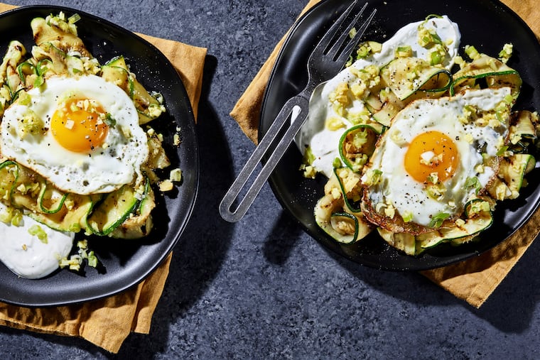 Ginger-Marinated Zucchini With Lime Yogurt. MUST CREDIT: Photo by Stacy Zarin Goldberg for The Washington Post; food styling by Lisa Cherkasky for The Washington Post.