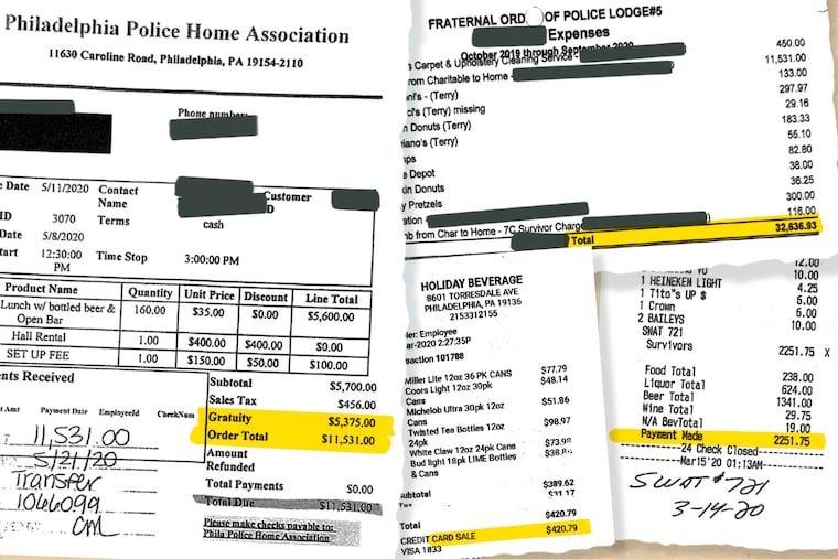 A sample of bills for luncheons, restaurants, alcohol and beer runs that the FOP submitted to the city, requesting reimbursement for what it says are funeral related expenses. City officials and The Inquirer redacted portions of the documents shown here.