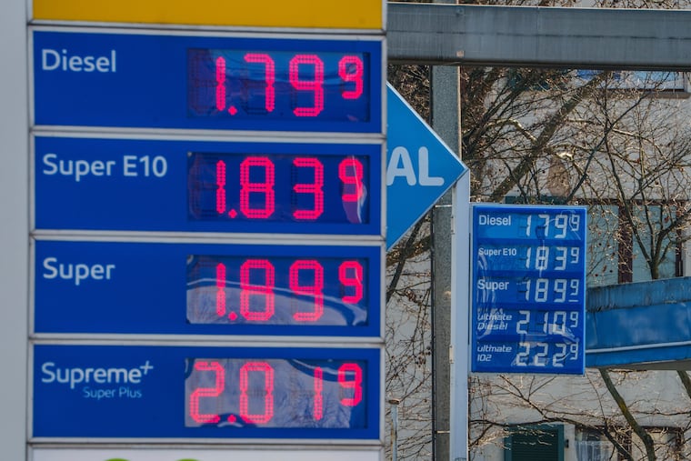 Petrol prices are displayed at a filling station in Frankfurt, Germany, Monday, March 2, 2026.