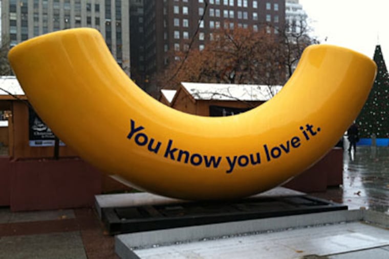 A giant yellow macaroni bearing a message from Kraft was installed in Love Park on Nov. 22, 2011