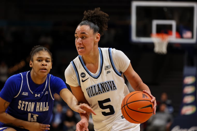Villanova guard Ryanne Allen (5) drives to the basket against Seton Hall on Friday. She finished with 19 points off the bench.